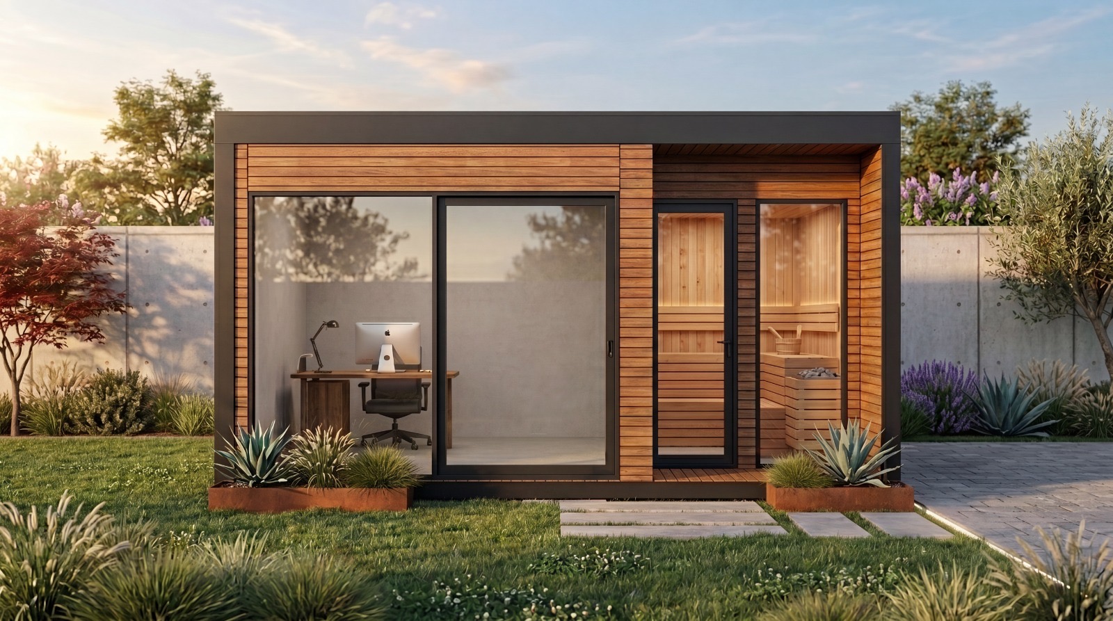 Solid timber garden room at dusk, visualisation